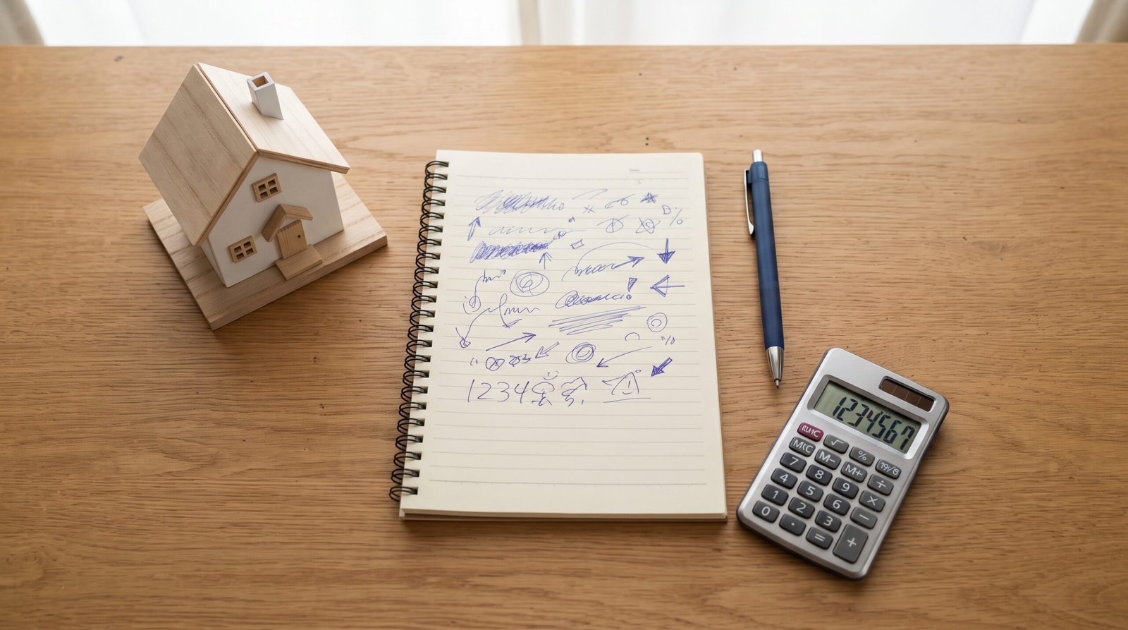 A notepad, pen and calculator beside a small model house