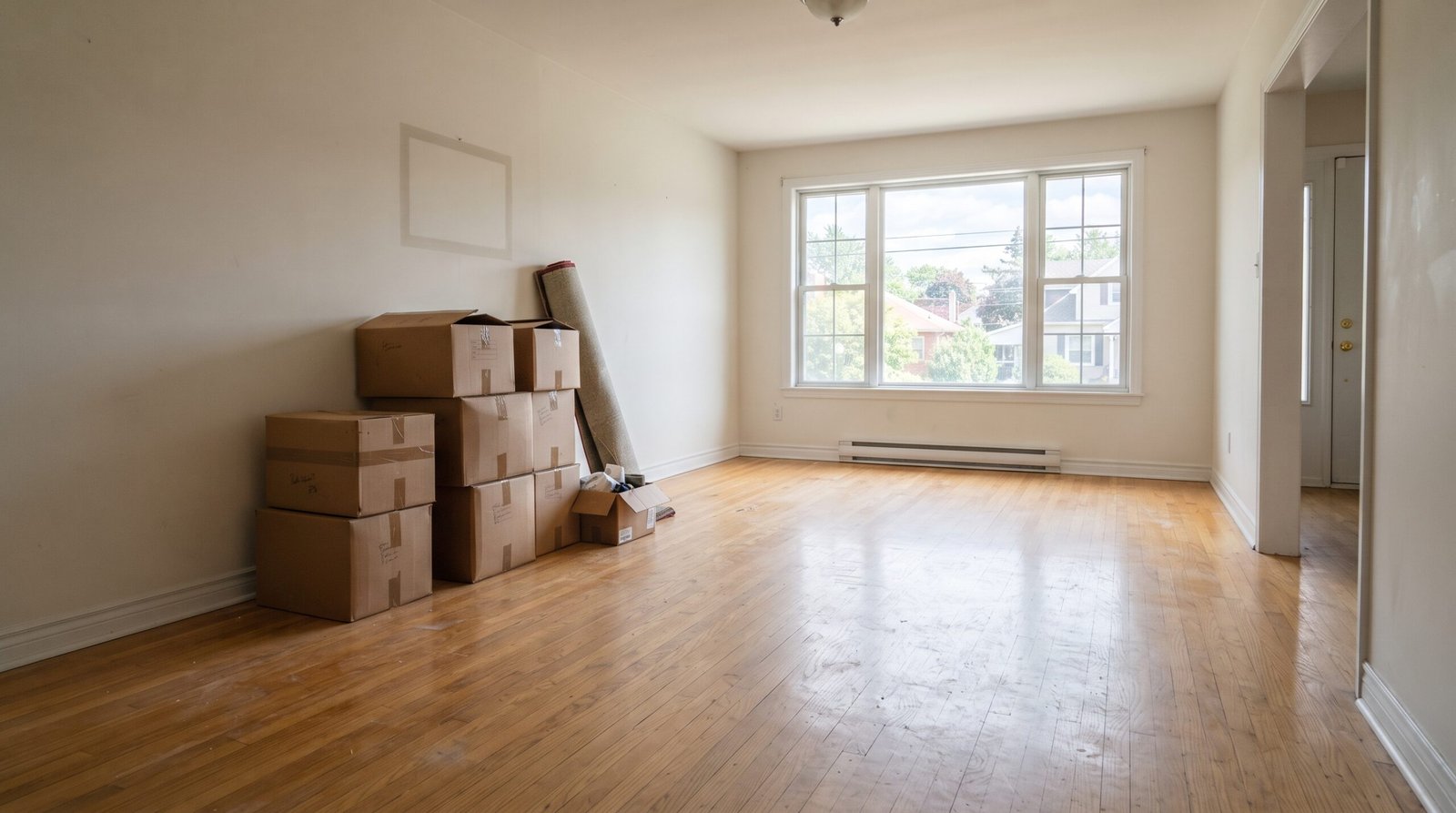 An empty living room mid-move with a few cardboard boxes