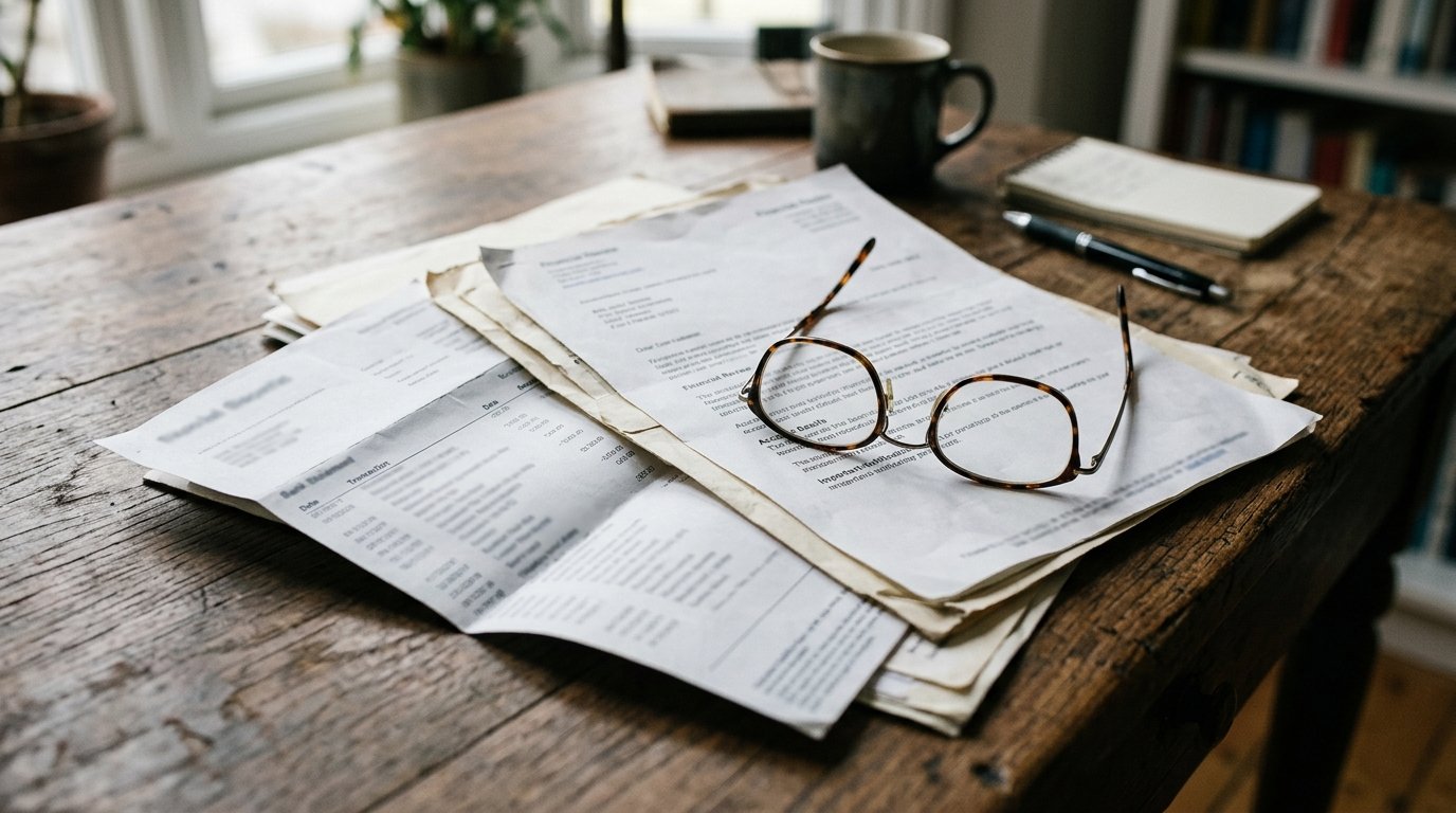 A stack of financial documents and a bank statement fanned across a wooden desk, reading glasses resting on top