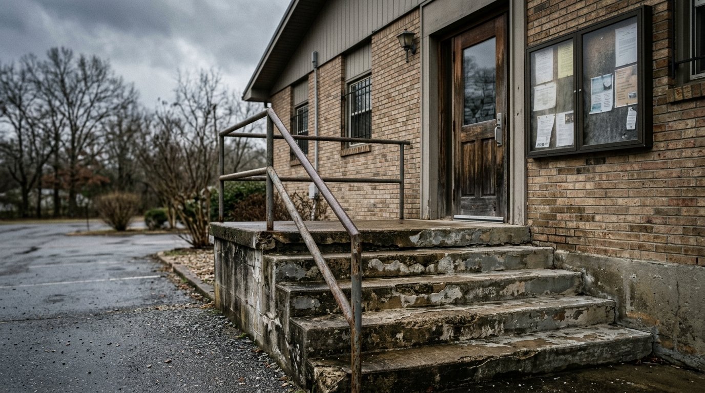 The empty exterior steps of a small county government building on a grey overcast morning