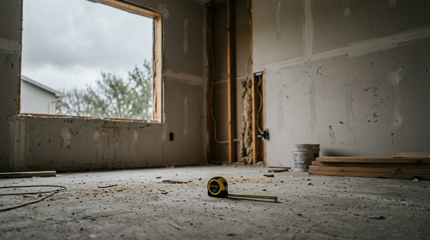 An unfinished room with exposed drywall and bare concrete subfloor, a tape measure lying on the floor