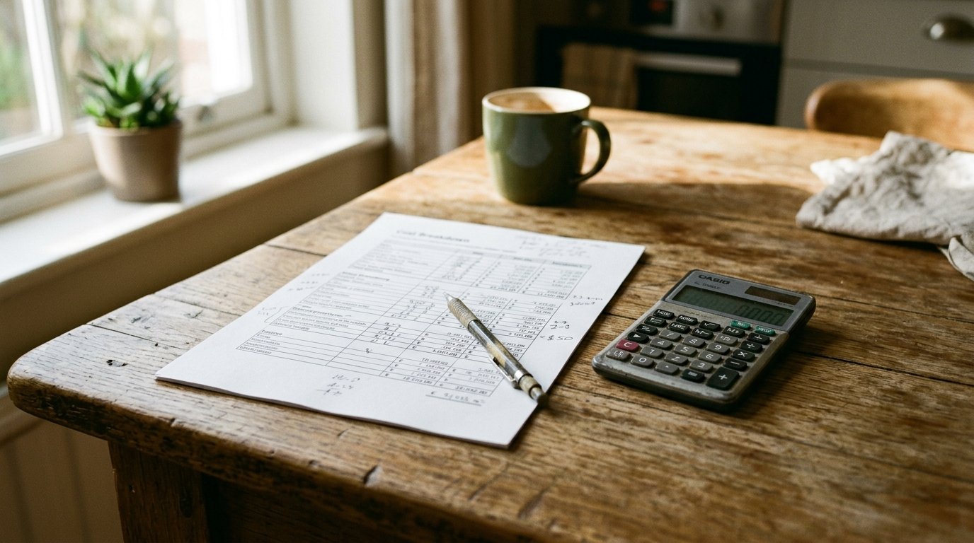 A printed cost breakdown worksheet and pocket calculator on a wooden kitchen table in morning window light