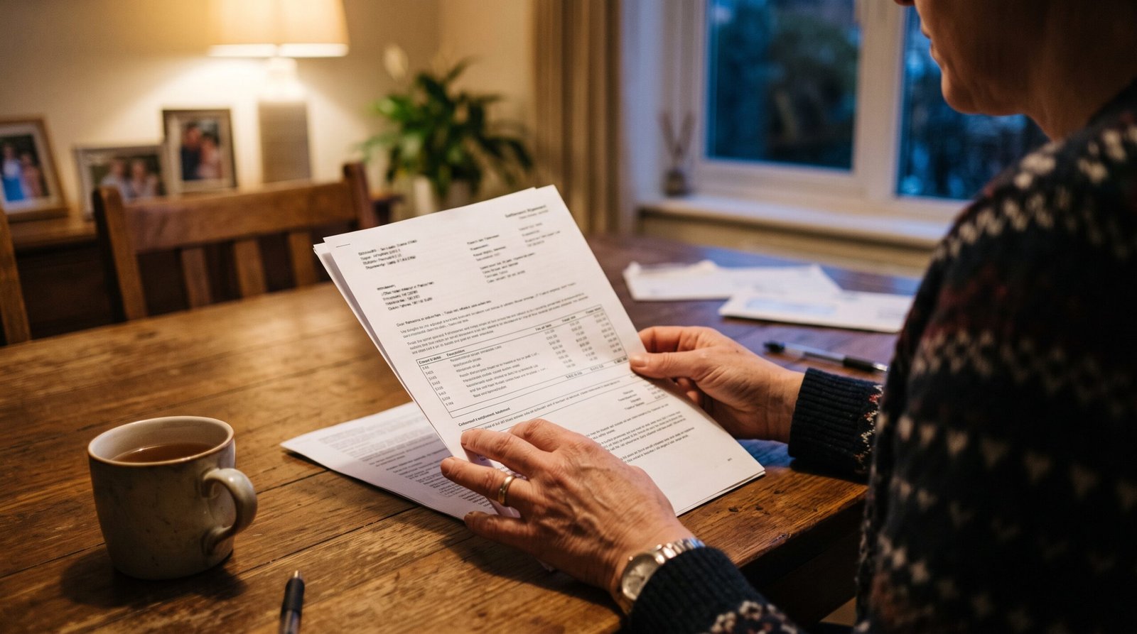 A homeowner reading a printed settlement statement at a dining table