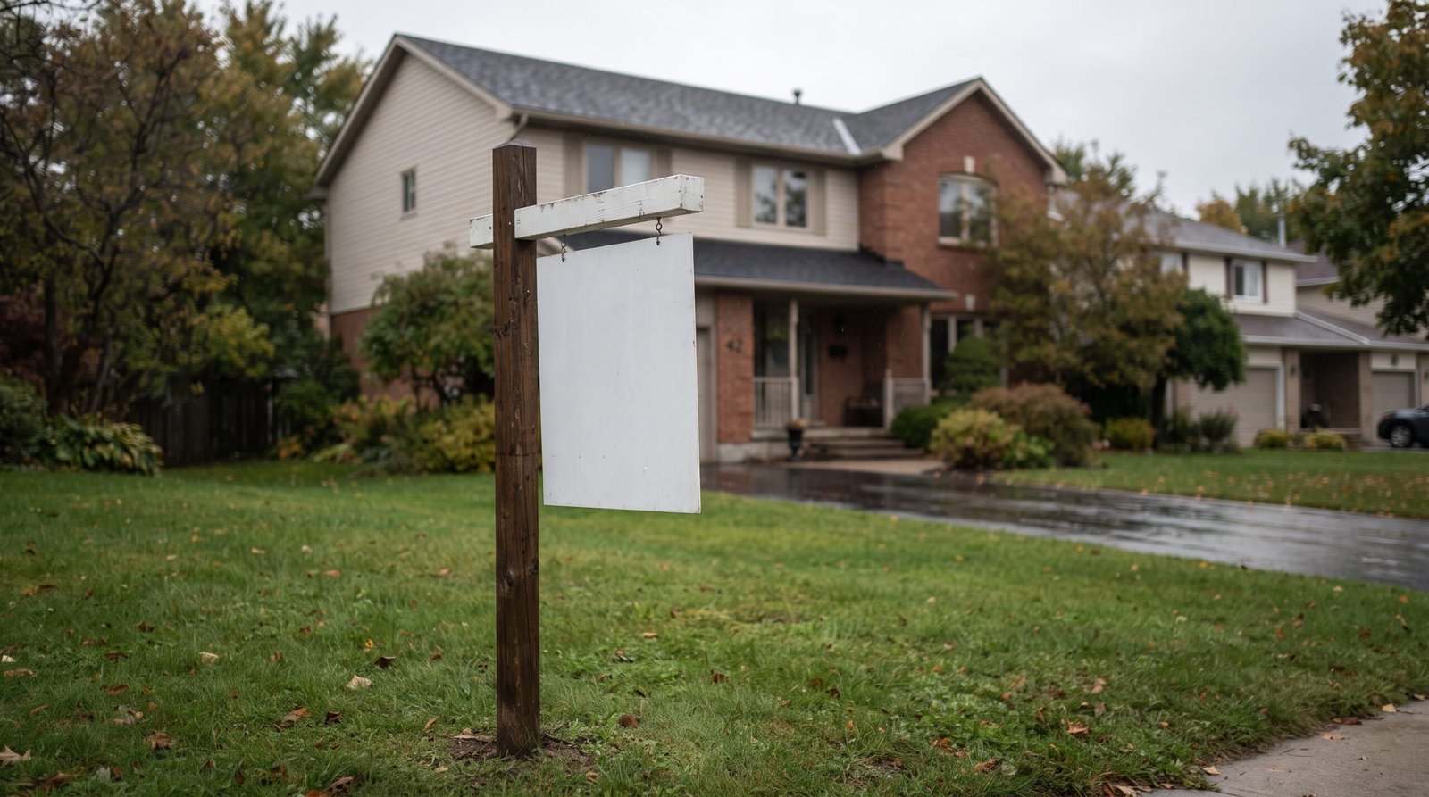 A for sale sign on a suburban front lawn on an overcast day