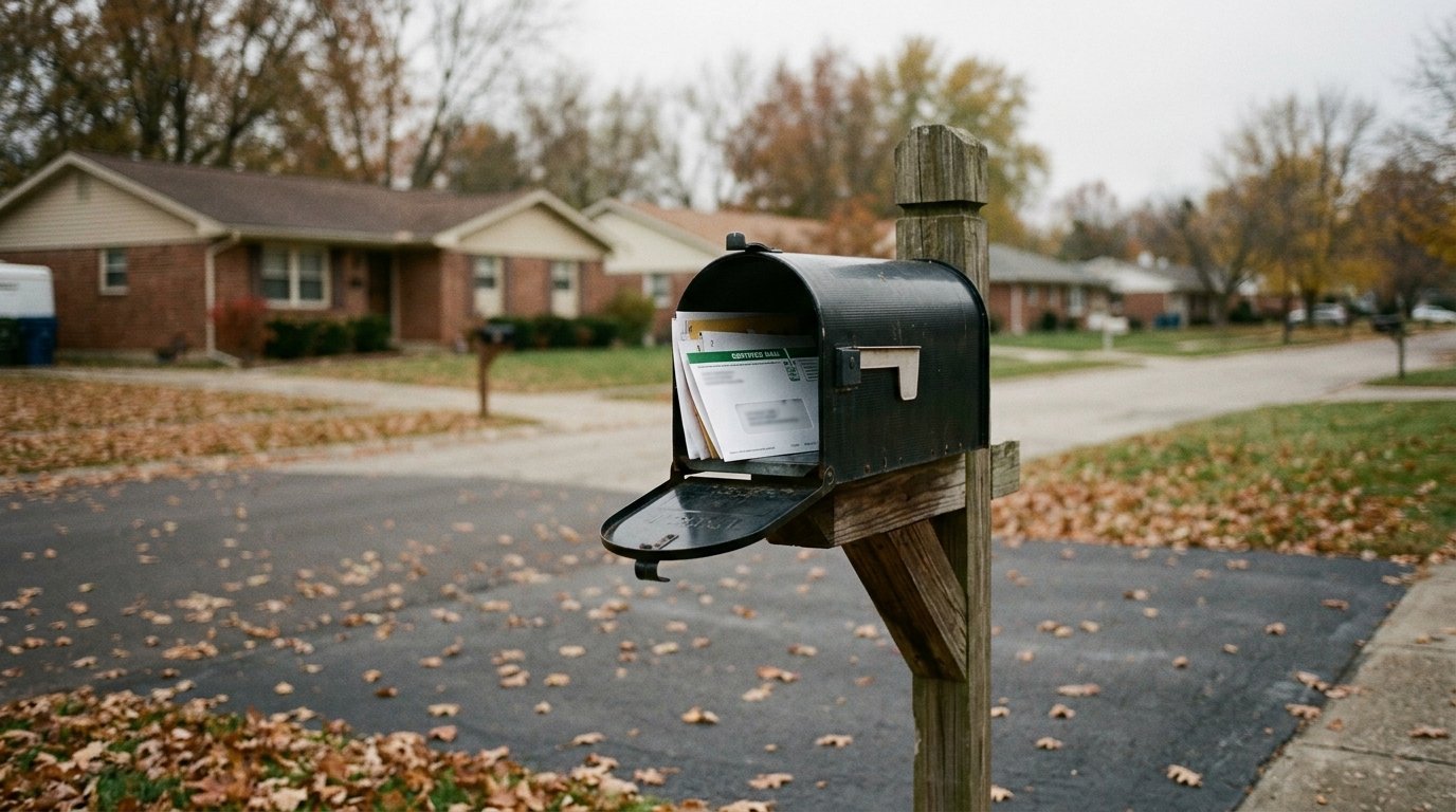 A certified mail envelope sitting in an open suburban mailbox