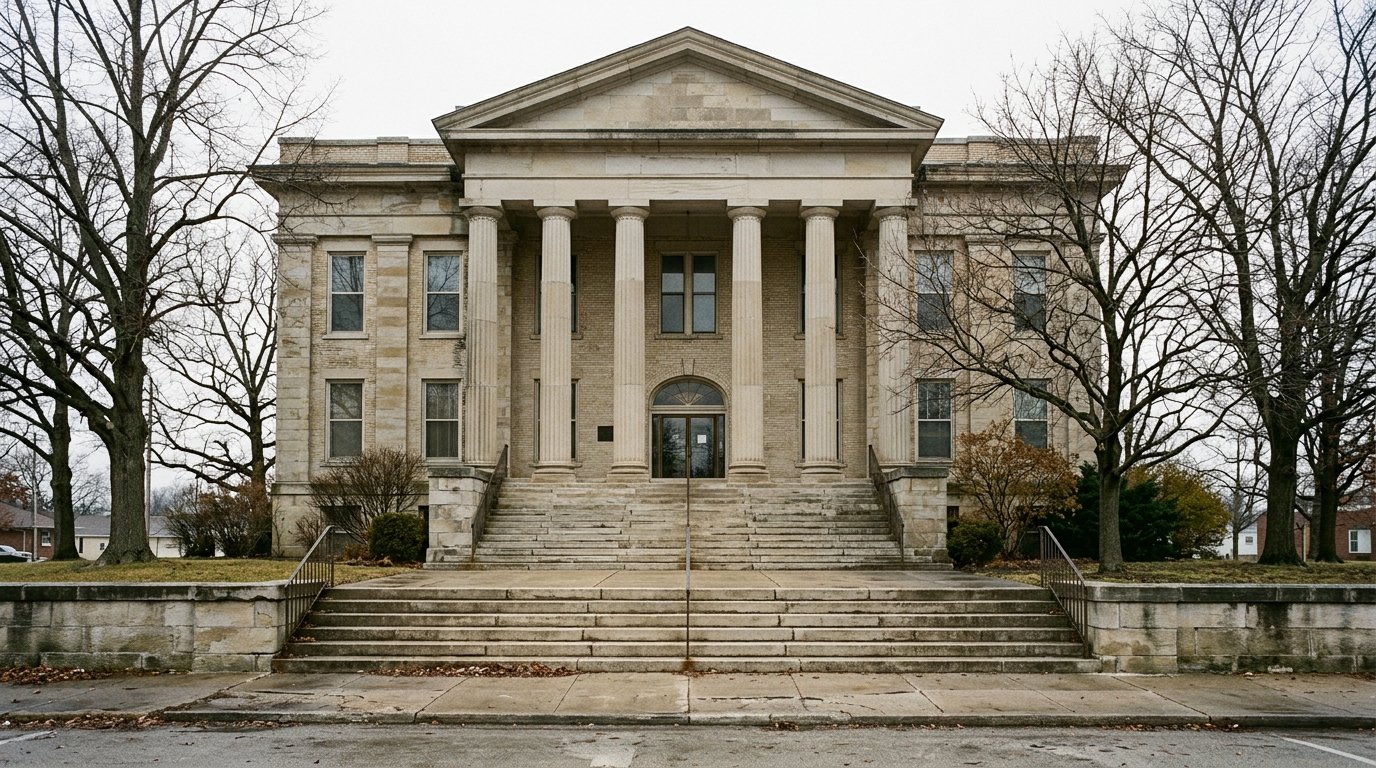 The empty front steps of an American county courthouse on a grey morning