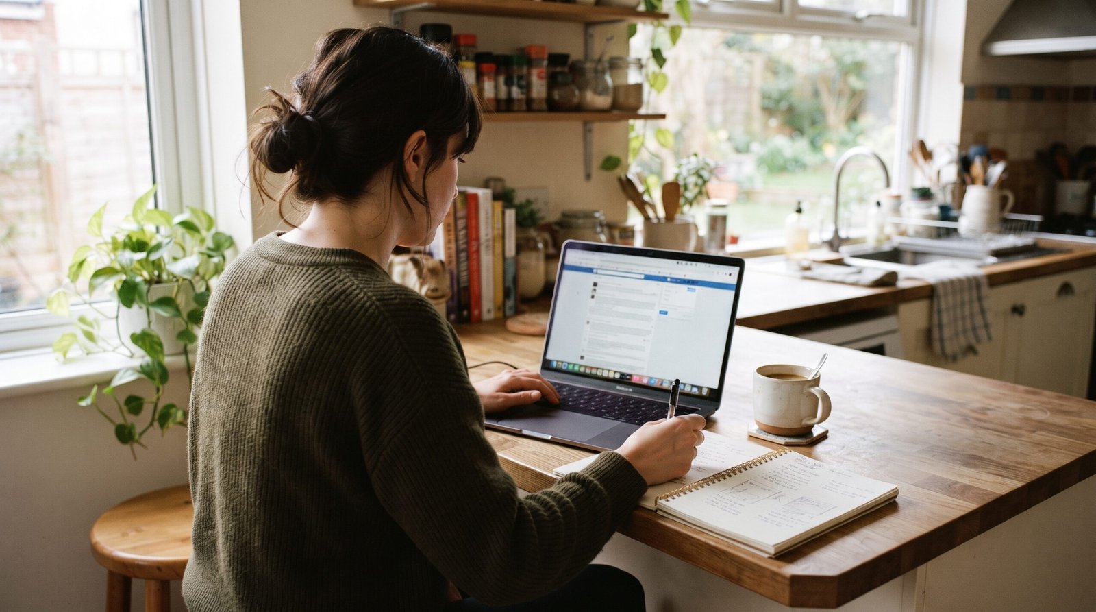 A homeowner researching cash buyers on a laptop at a kitchen counter
