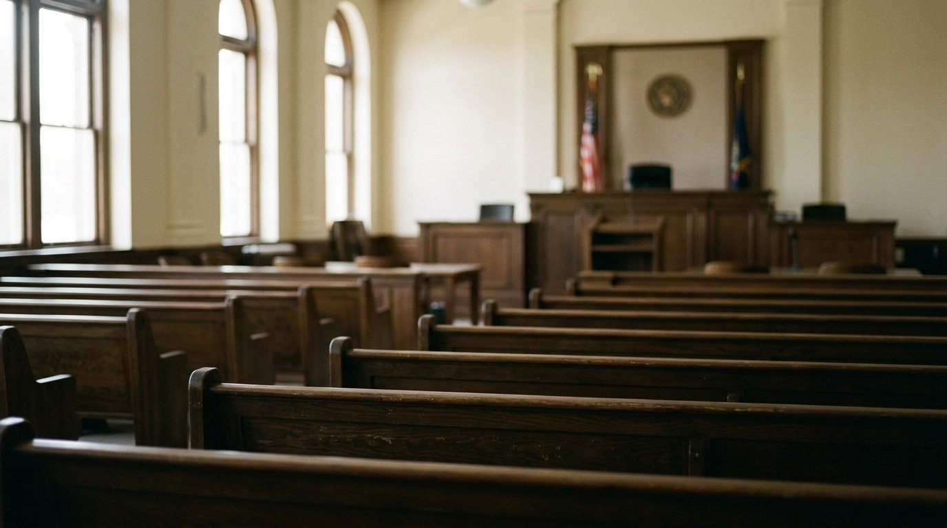 Empty wooden benches inside a county courtroom
