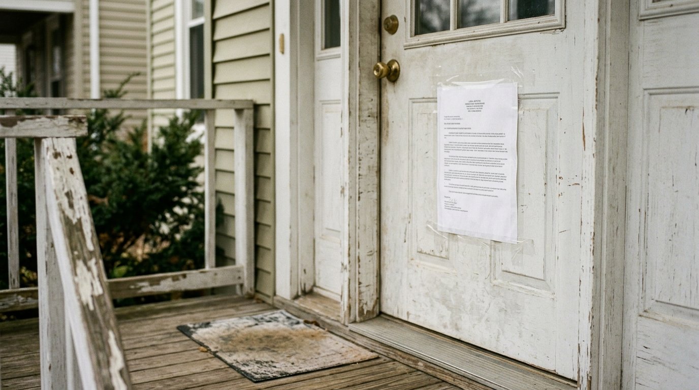 A printed legal notice taped to the front door of a house