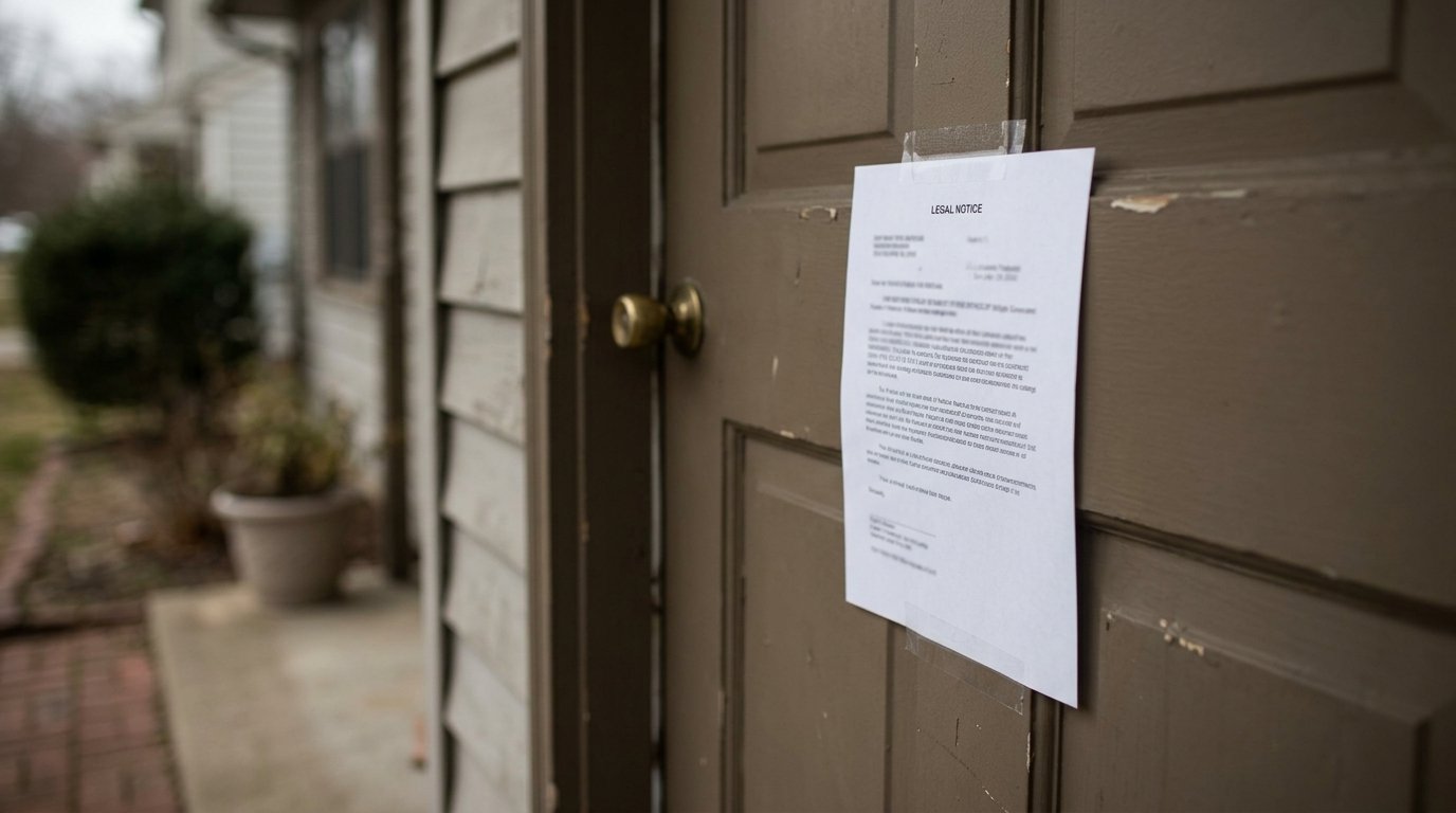 A printed legal notice taped to the front door of a suburban house