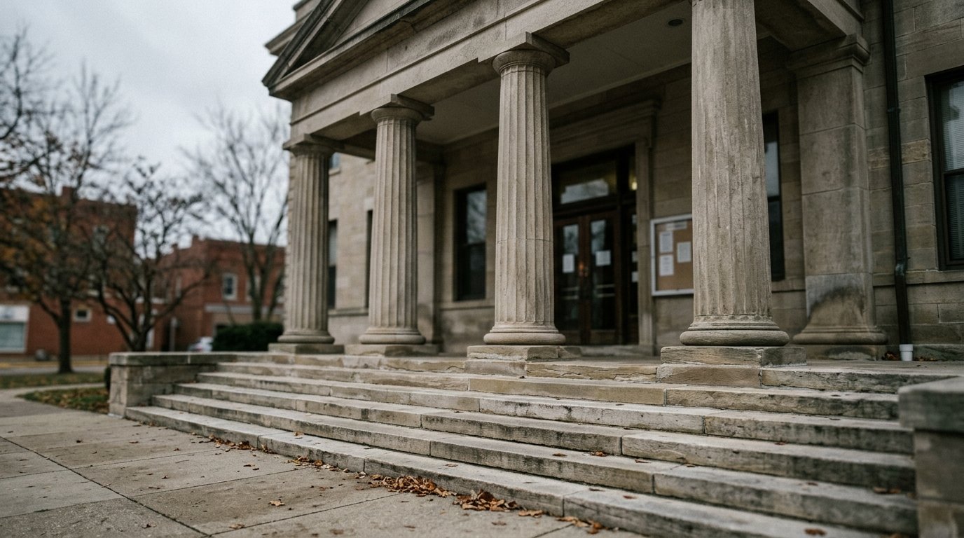 The stone front steps and entrance columns of a county courthouse on a grey overcast morning
