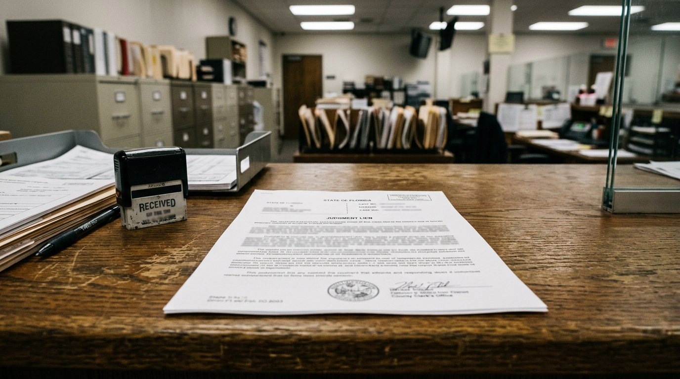 A printed judgment lien document on a county clerk wooden counter