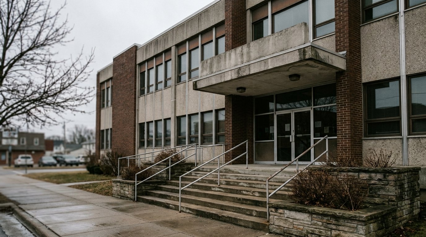 Exterior of a county recorder office building on an overcast morning