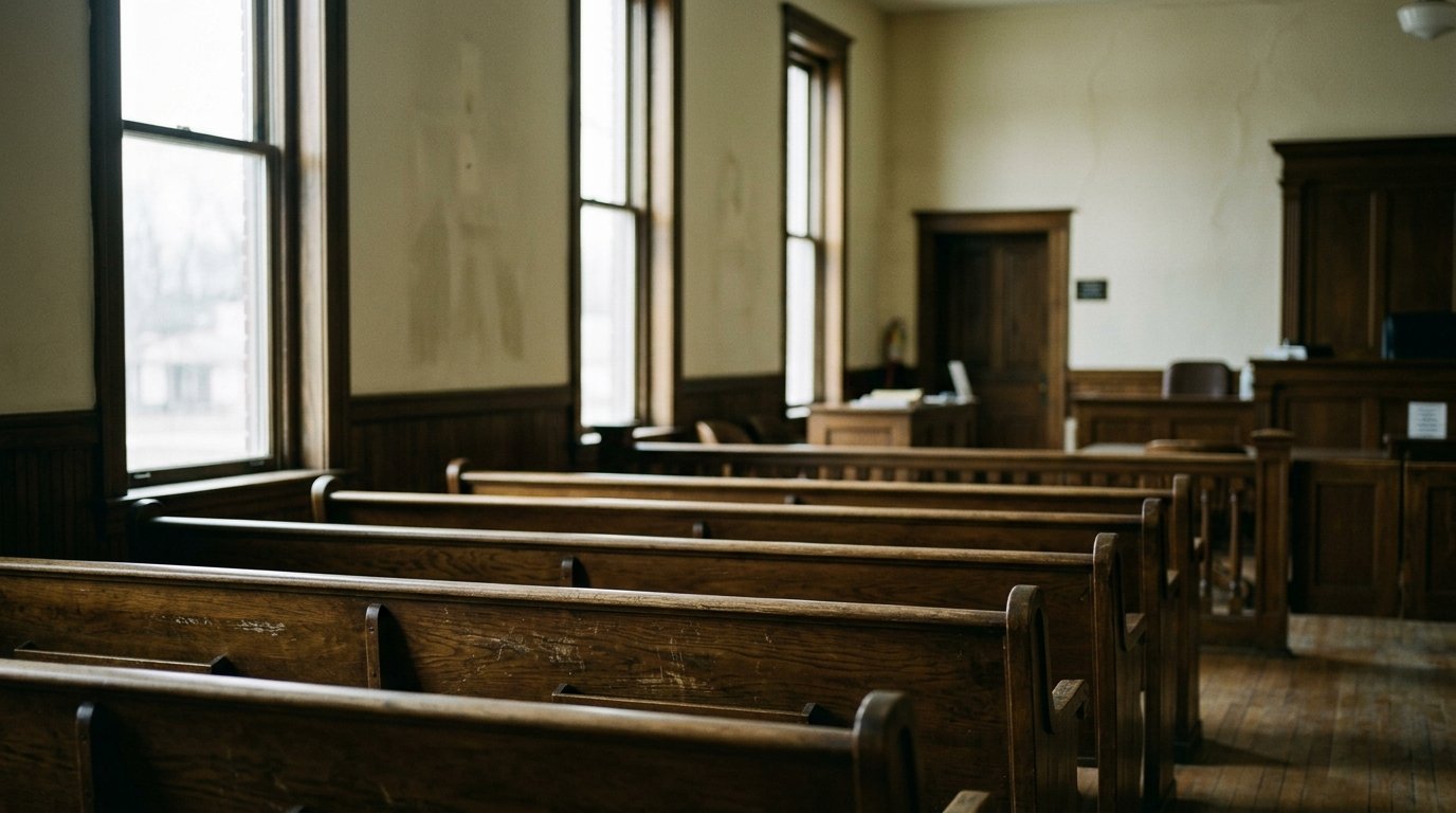 Empty wooden benches inside a quiet county courtroom with morning light through tall windows