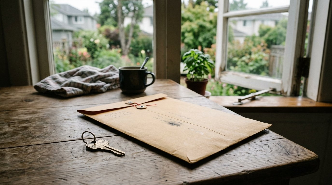 Sealed manila legal envelope and a house key on a kitchen table beside an open window