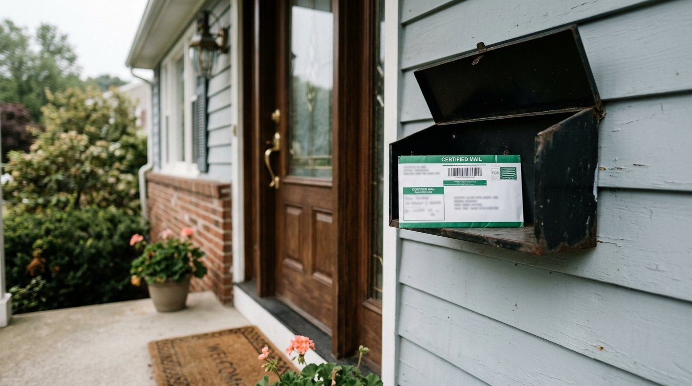 A certified mail envelope sitting in an open suburban mailbox mounted beside a front door