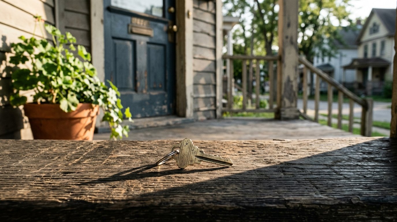 A house key resting on a worn wooden front doorstep, afternoon light casting a long shadow