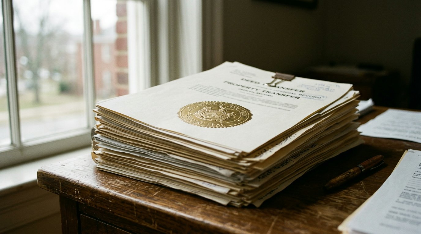 A stack of official real estate deed transfer documents with an embossed government seal on a wooden desk