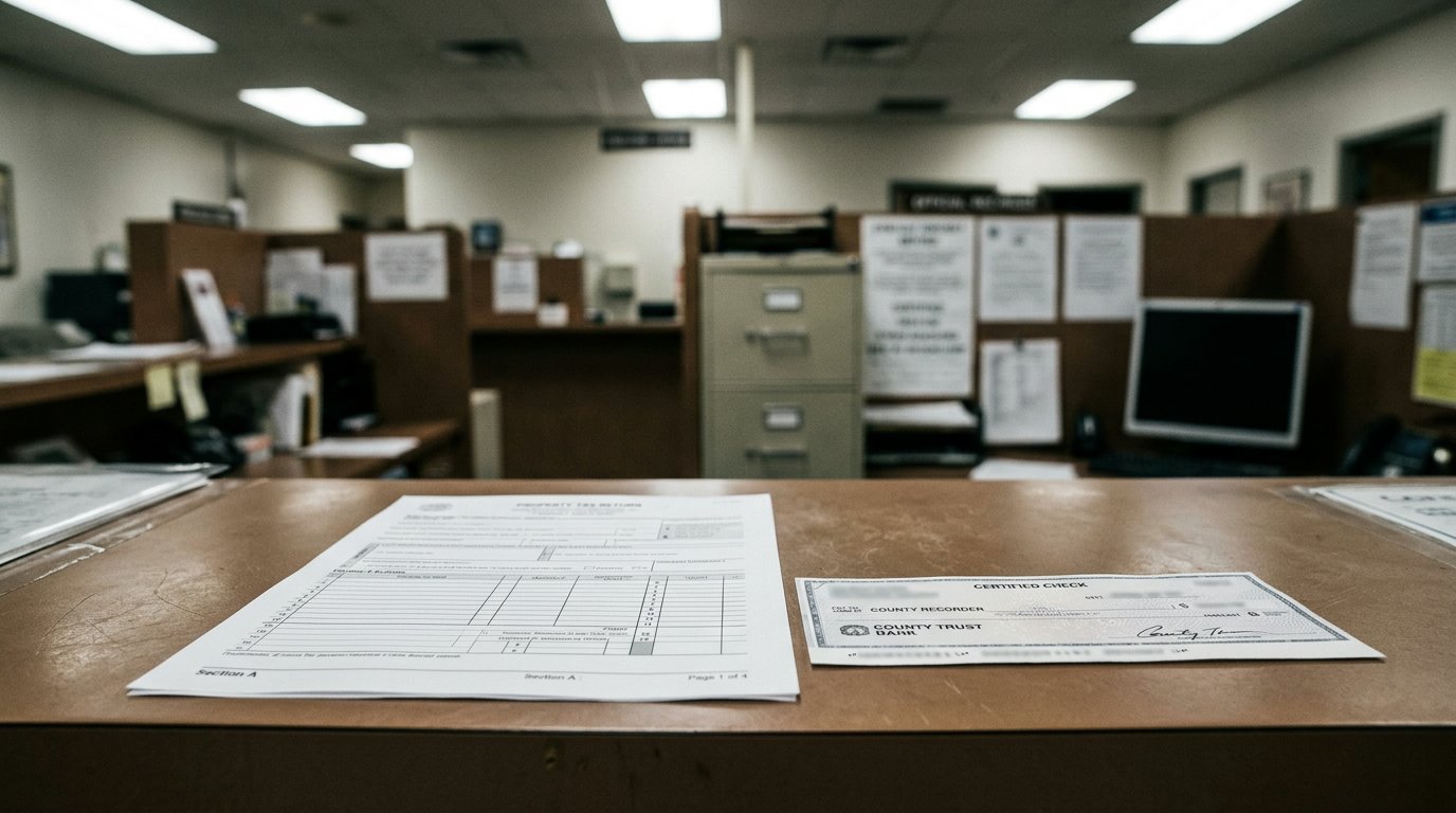A government tax form and a certified check resting on a county recorder office counter