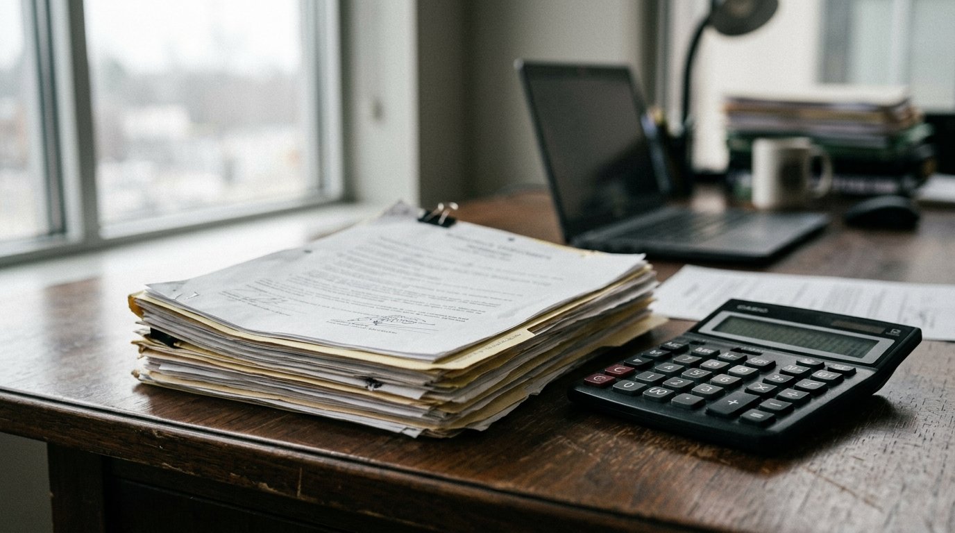 A stack of real estate closing documents beside a calculator on a wooden desk