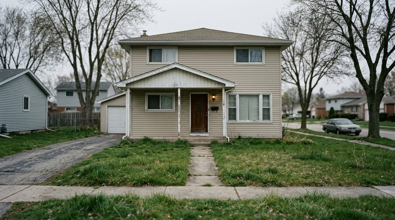 Exterior of a modest two-story suburban house with slightly overgrown lawn on a grey overcast morning