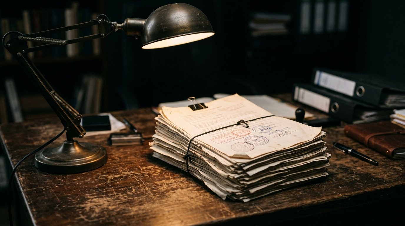 A stack of legal documents with official stamps on a wooden desk