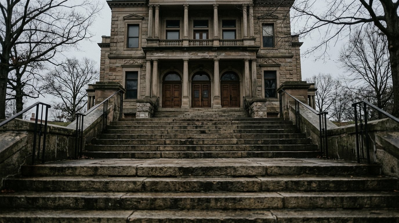 Empty stone steps leading to a county courthouse entrance on an overcast morning