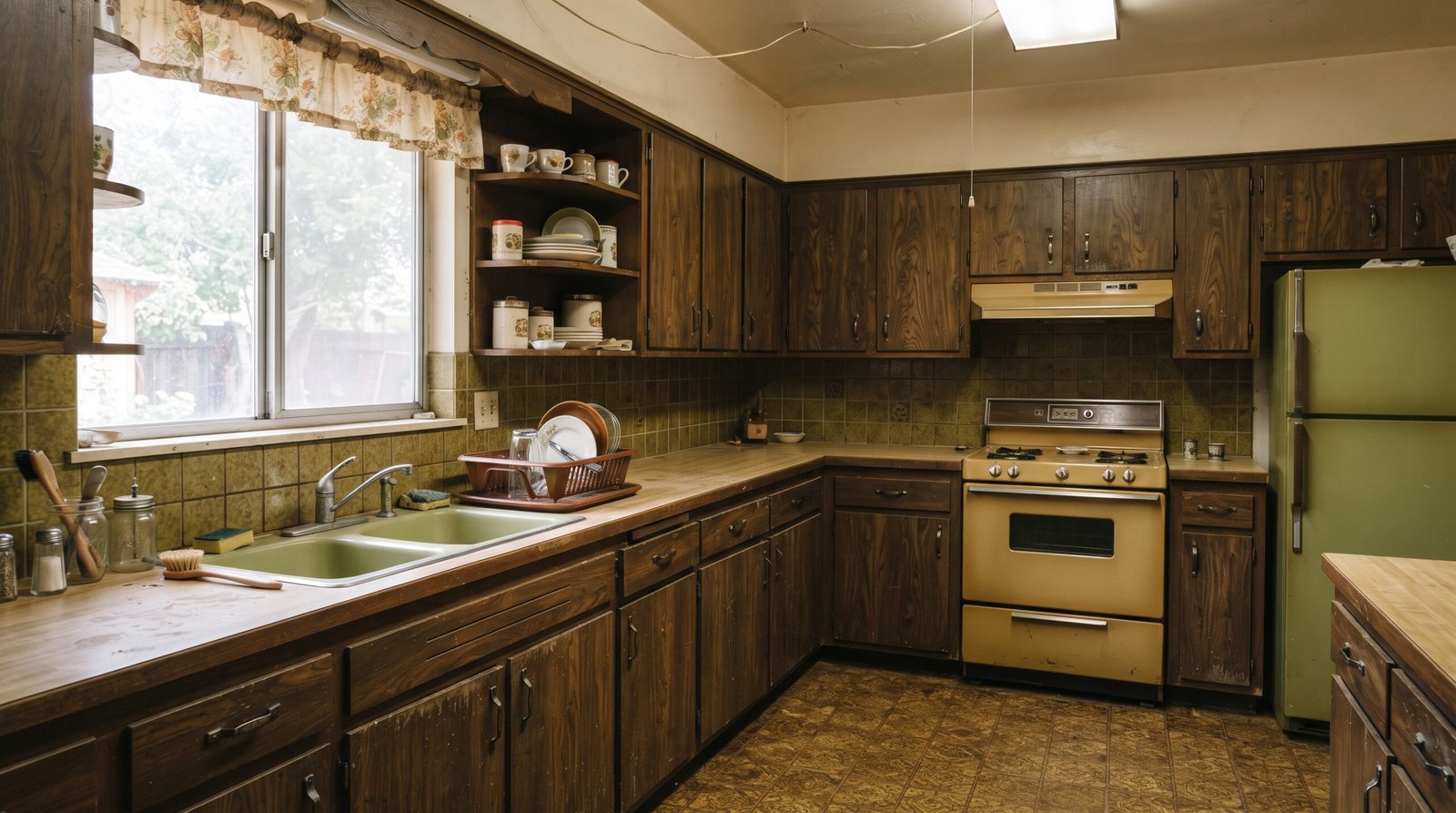 A dated kitchen with original wood cabinets and worn countertops