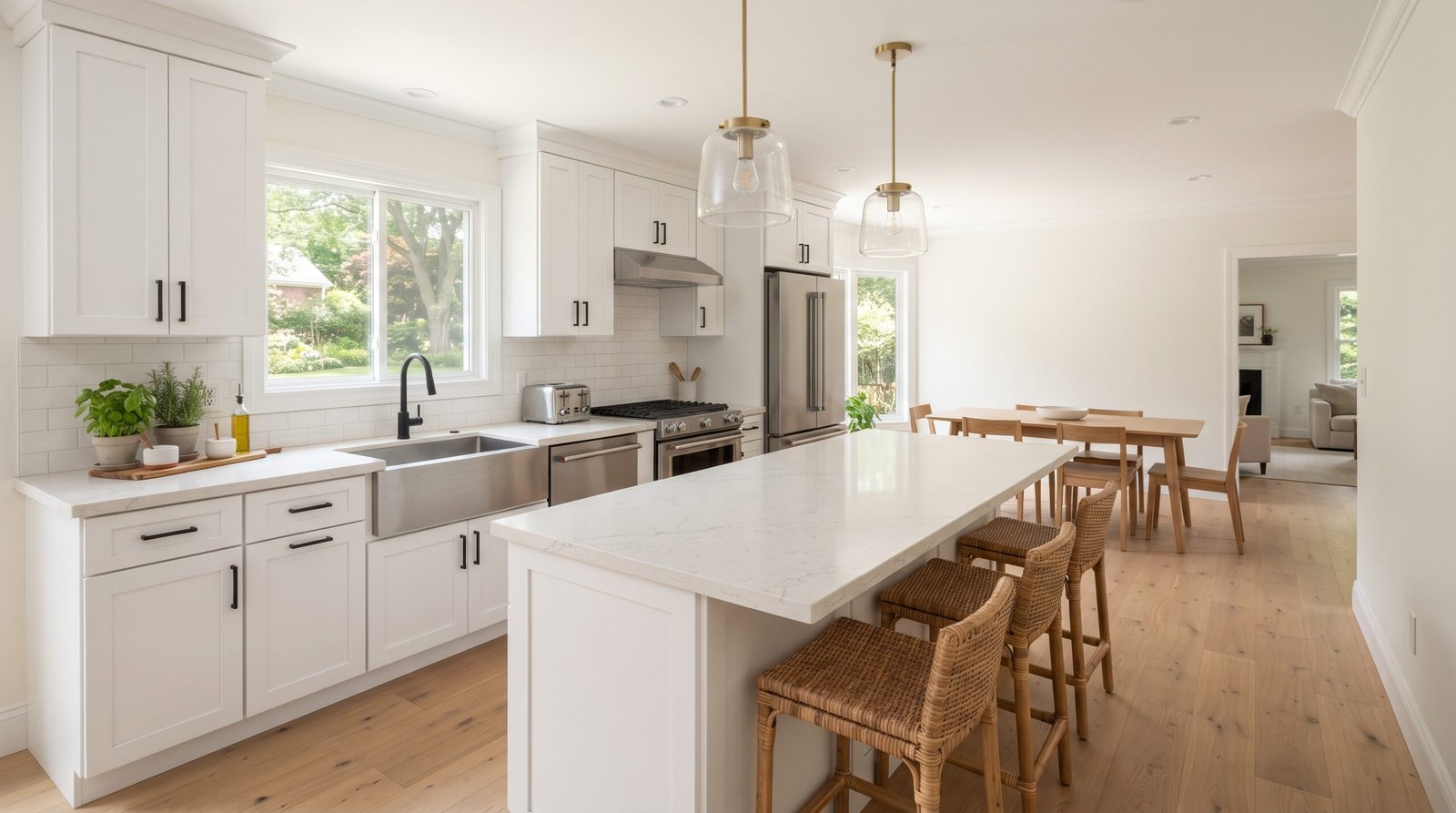 A bright renovated kitchen with white cabinets and stone countertops