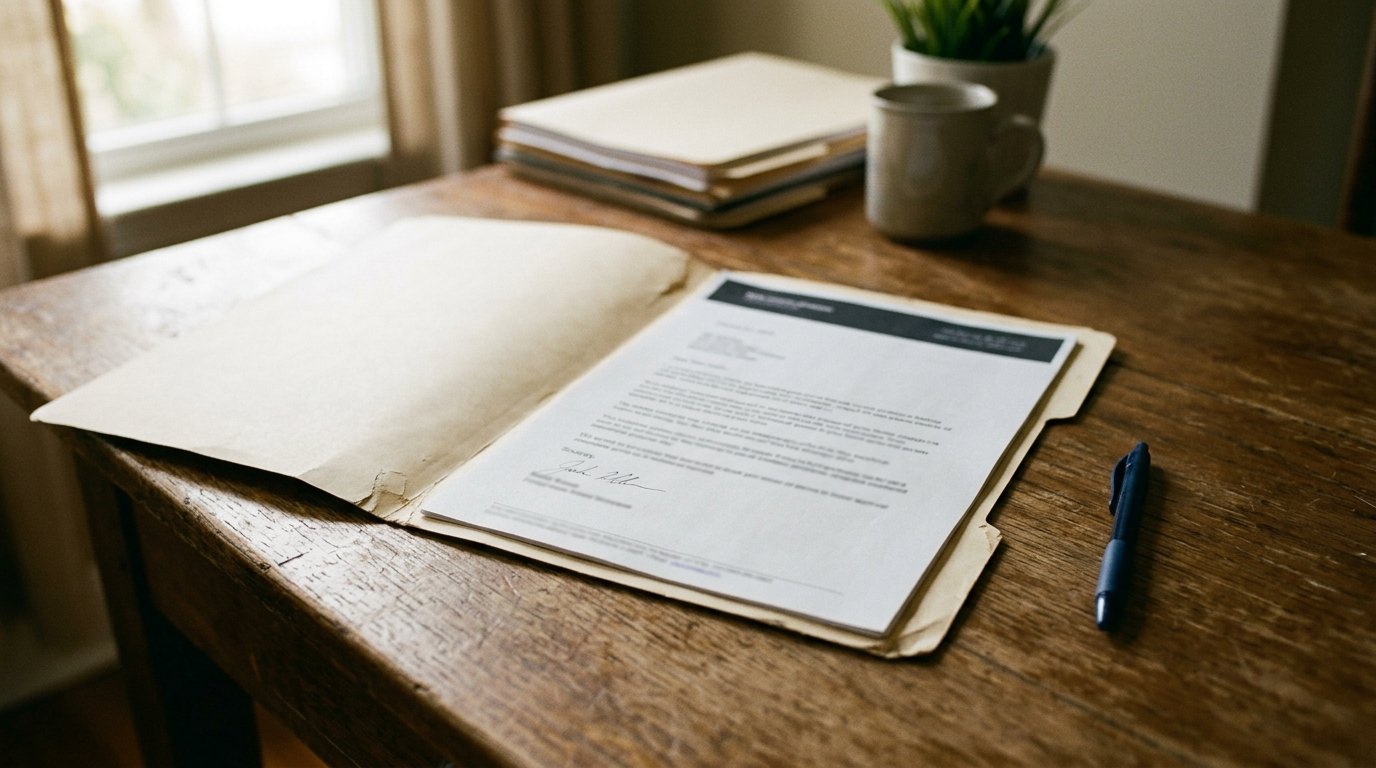 A lender approval letter in an open manila folder on a wood desk with a pen beside it