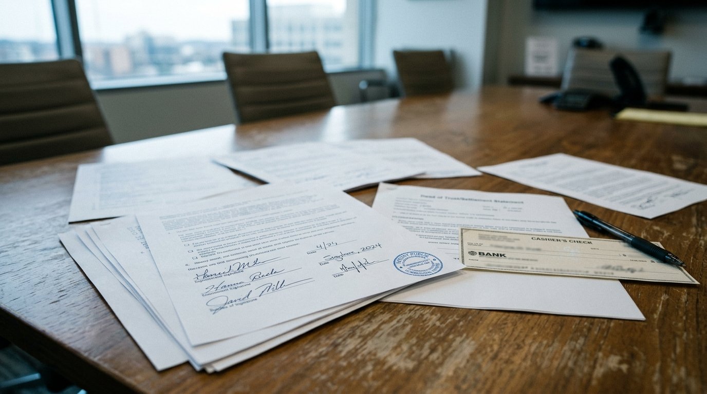 Real estate closing documents spread on a conference table with a notary stamp visible