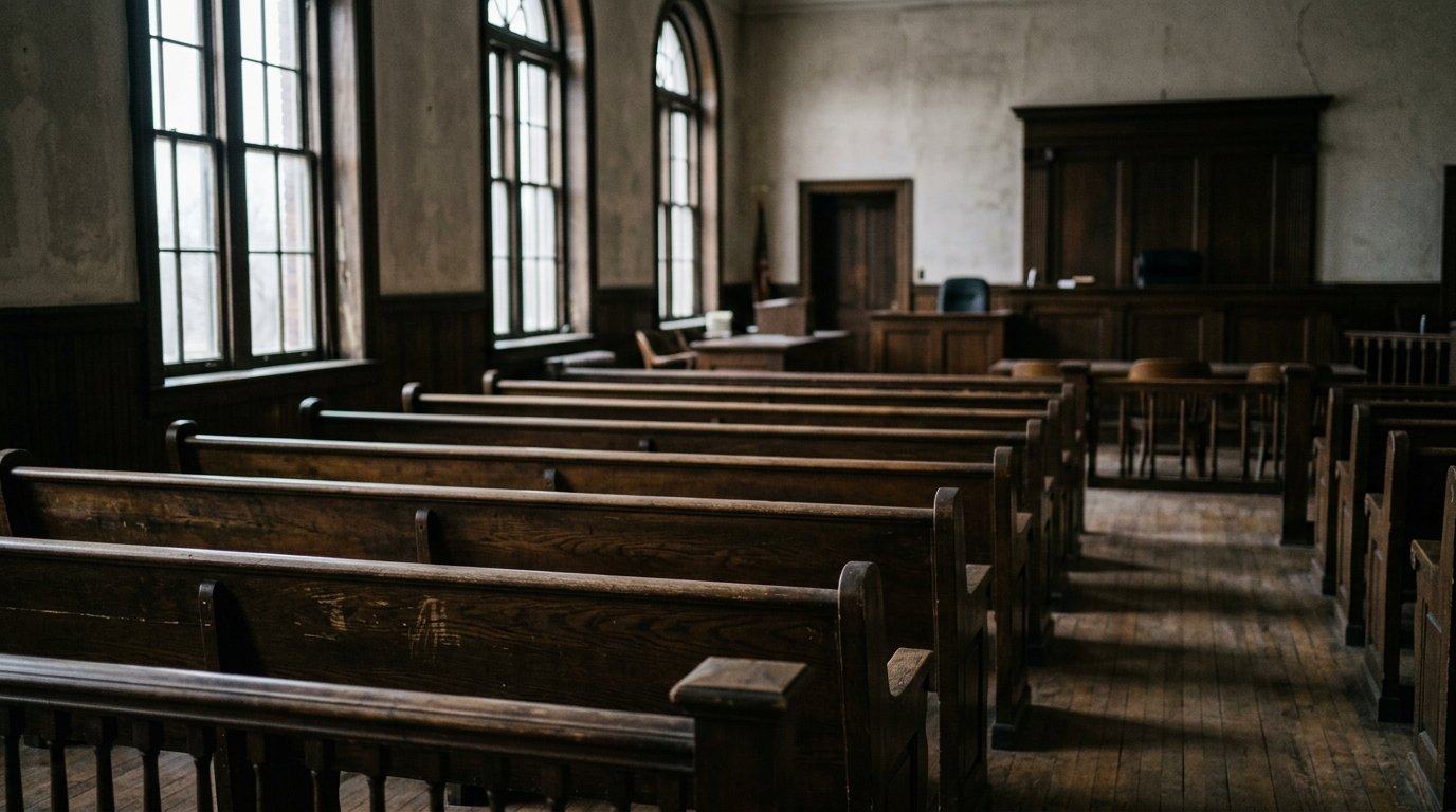 Empty wooden benches inside a county probate courtroom, grey morning light from tall windows