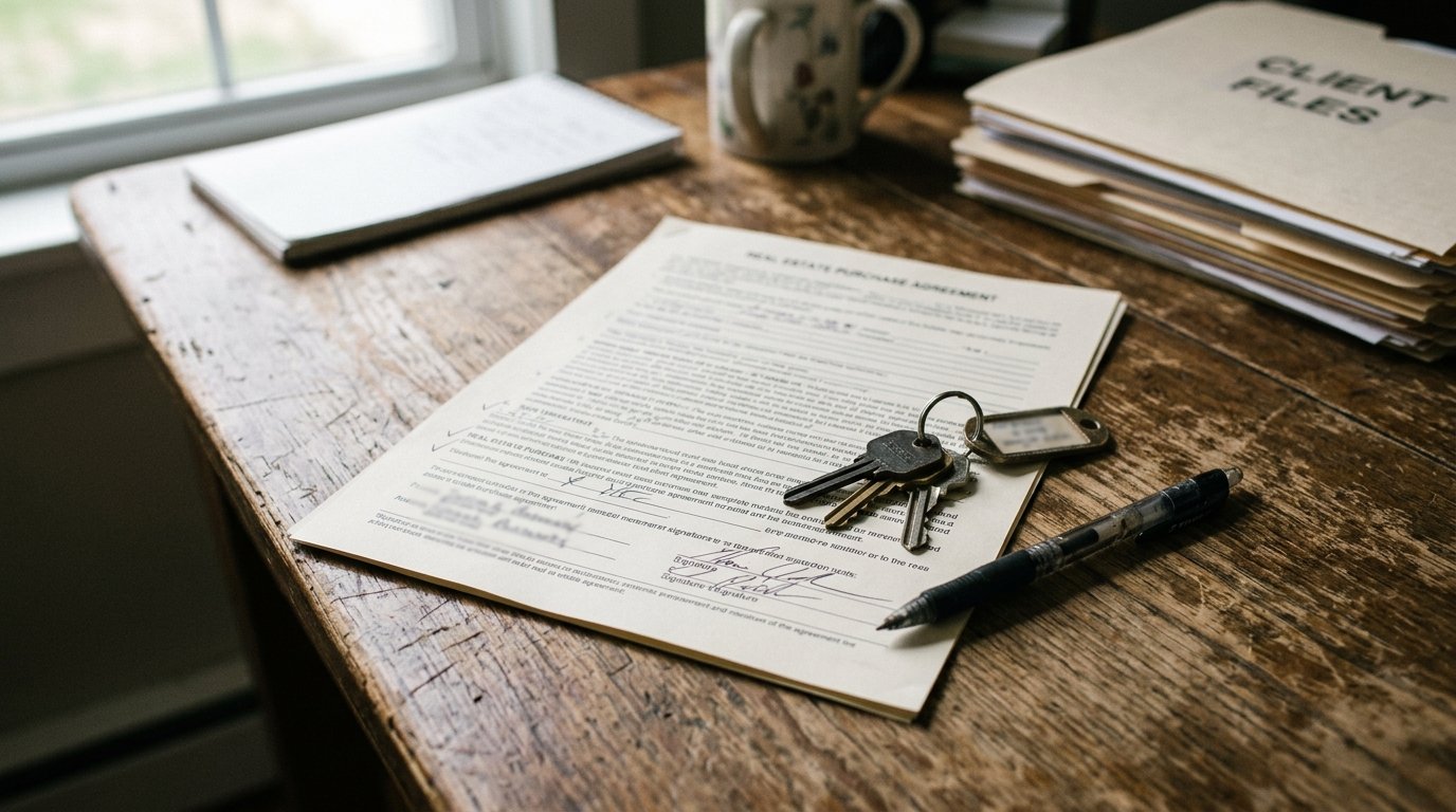 A printed real estate purchase agreement on a wooden desk beside house keys and a ballpoint pen