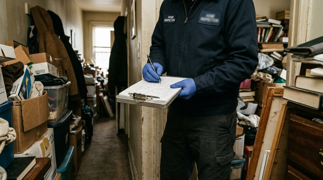A home inspector in gloves writing notes on a clipboard inside a narrow hallway stacked with belongings on both sides