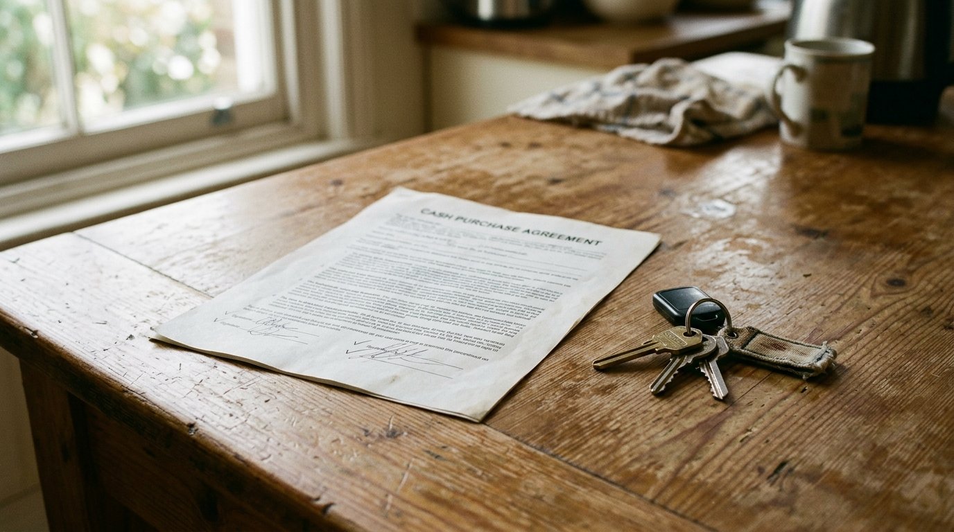 A signed cash purchase agreement on a worn wooden table next to a set of house keys