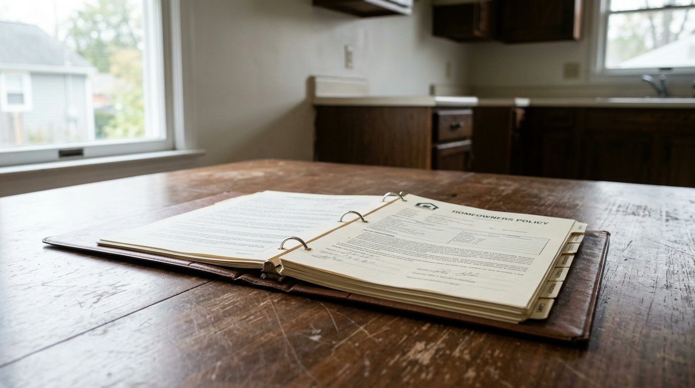 A homeowner insurance policy binder open on a bare kitchen table in an empty house