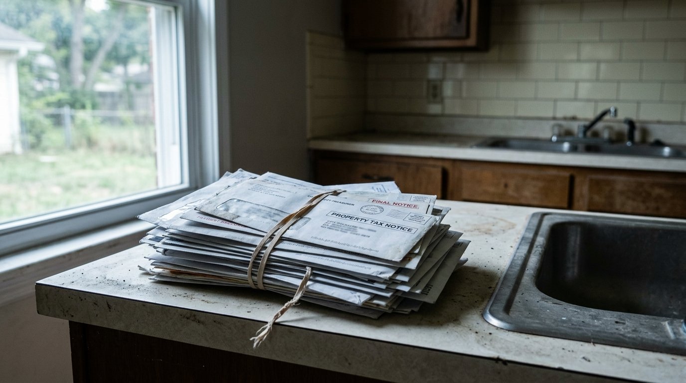 A stack of property tax notices and monthly bills on an empty kitchen counter in an unoccupied house
