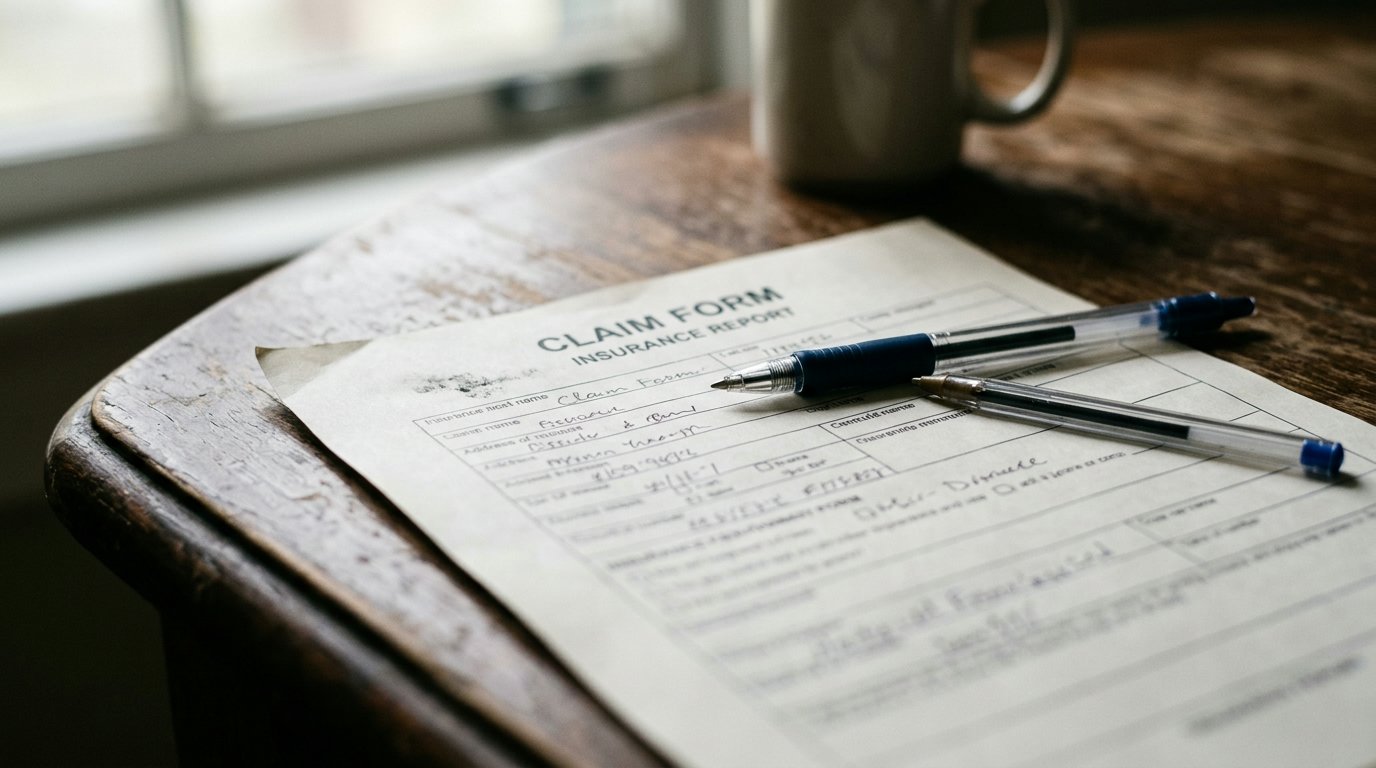 An insurance claim form and a pen on a wooden kitchen table in soft window light