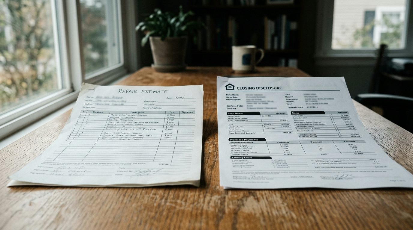 A contractor repair estimate and a real estate closing statement side by side on a desk