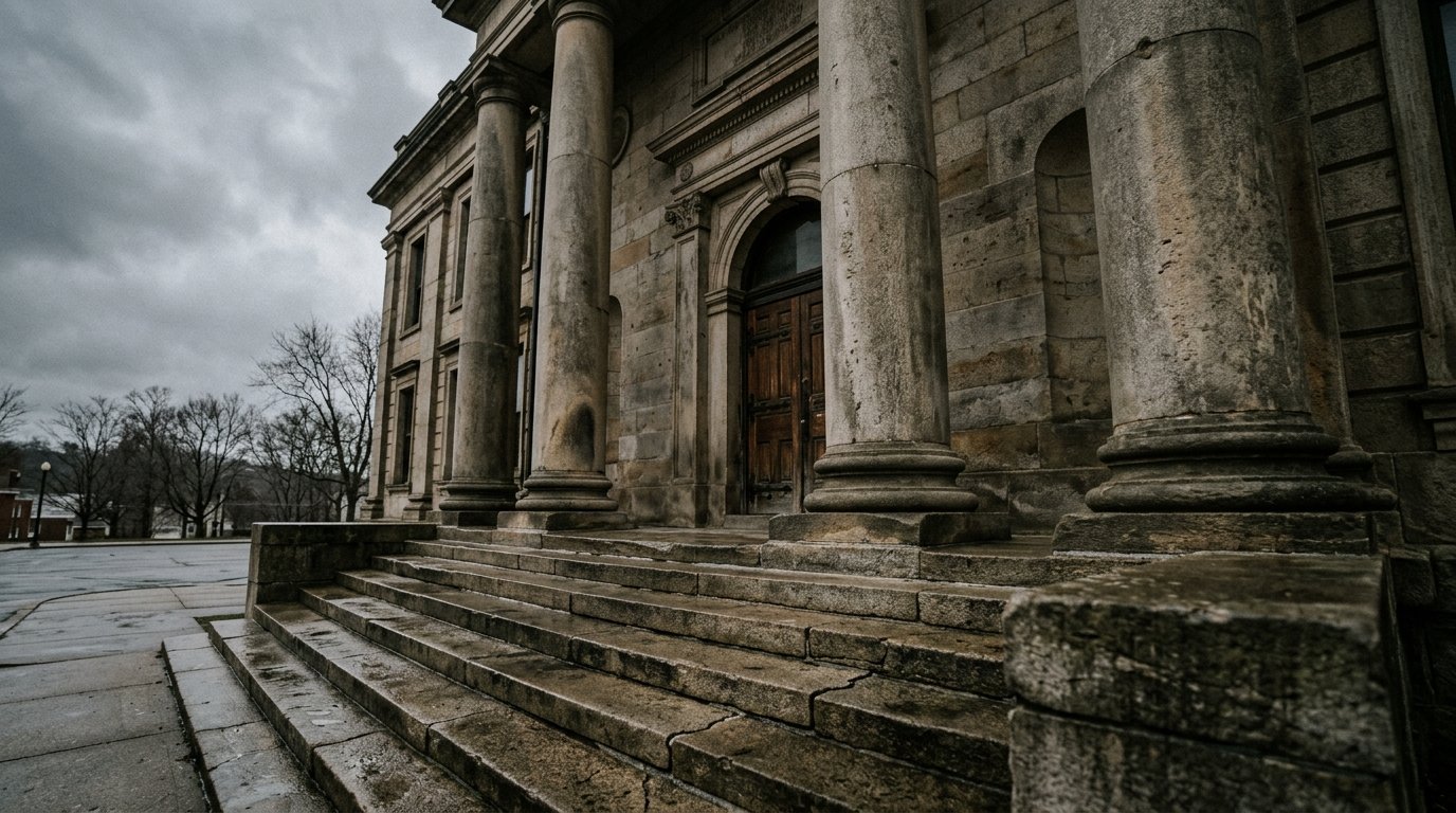 Stone steps and columns of a county government building on a grey morning