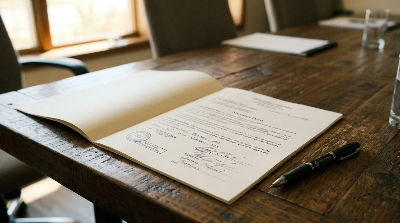 A property deed document open on a title company conference table beside a pen