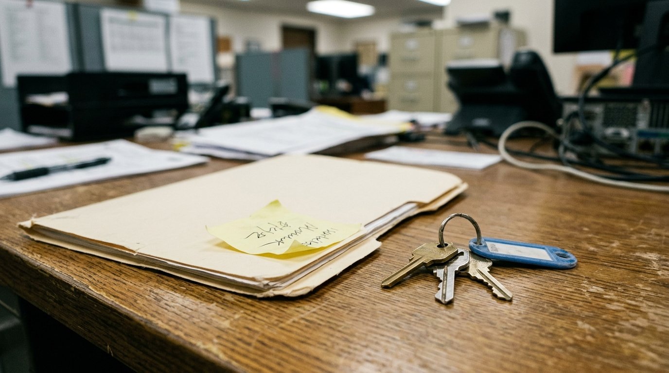A manila folder and house keys on an office desk, job relocation paperwork