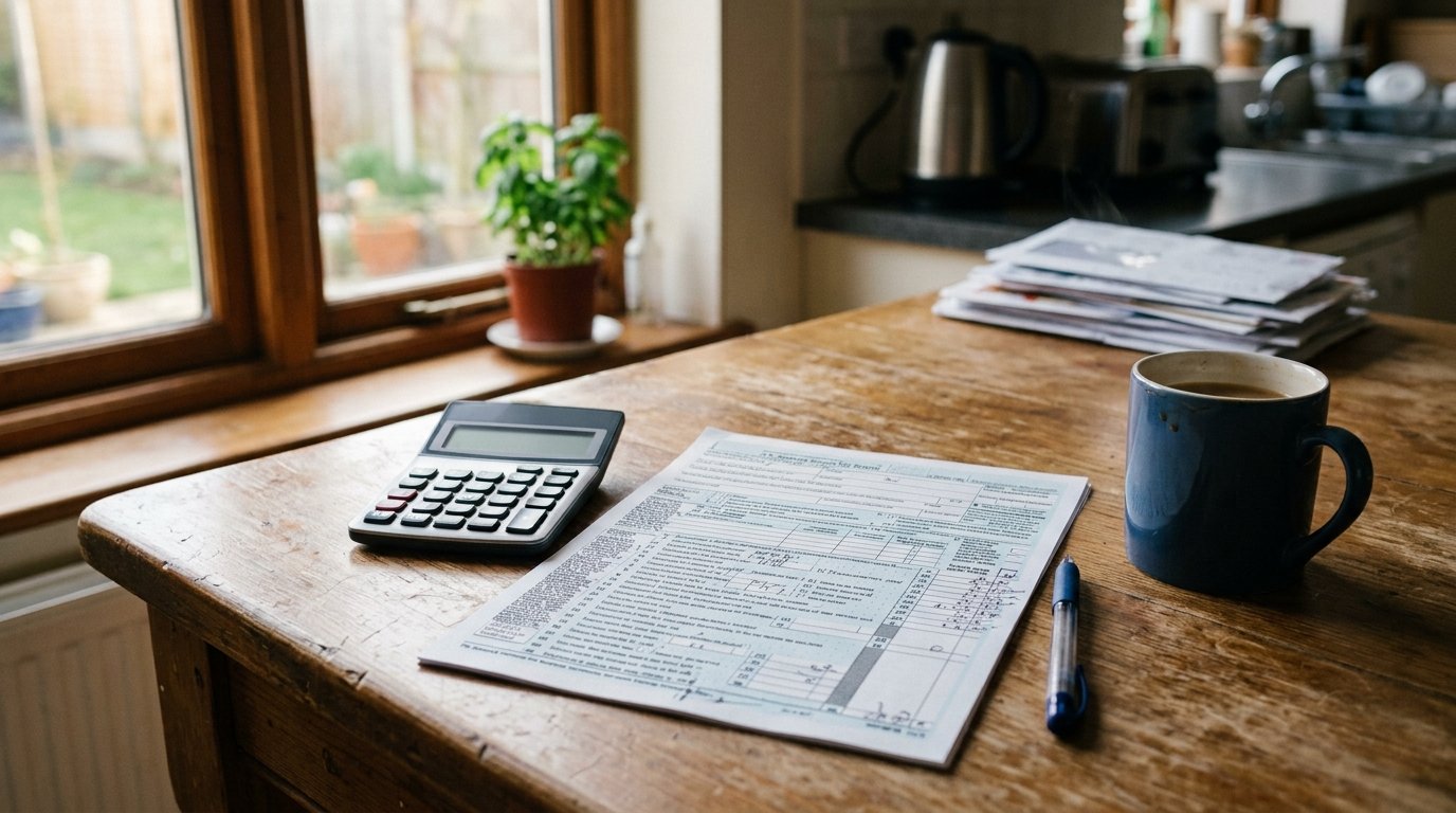 A printed tax form and calculator on a kitchen table in morning light