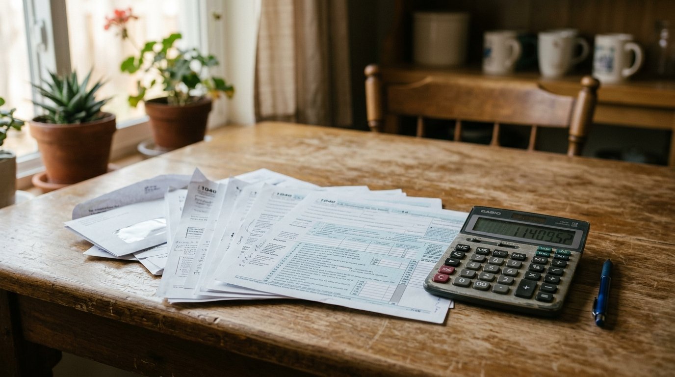 Printed tax documents and a calculator on a bare kitchen table in morning light