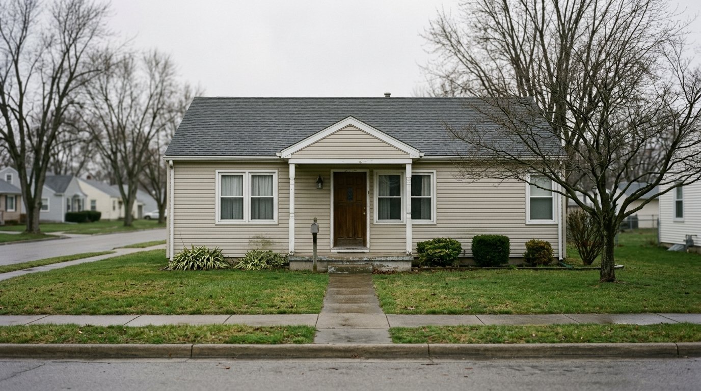Modest single-story suburban house exterior viewed from the street on an overcast morning