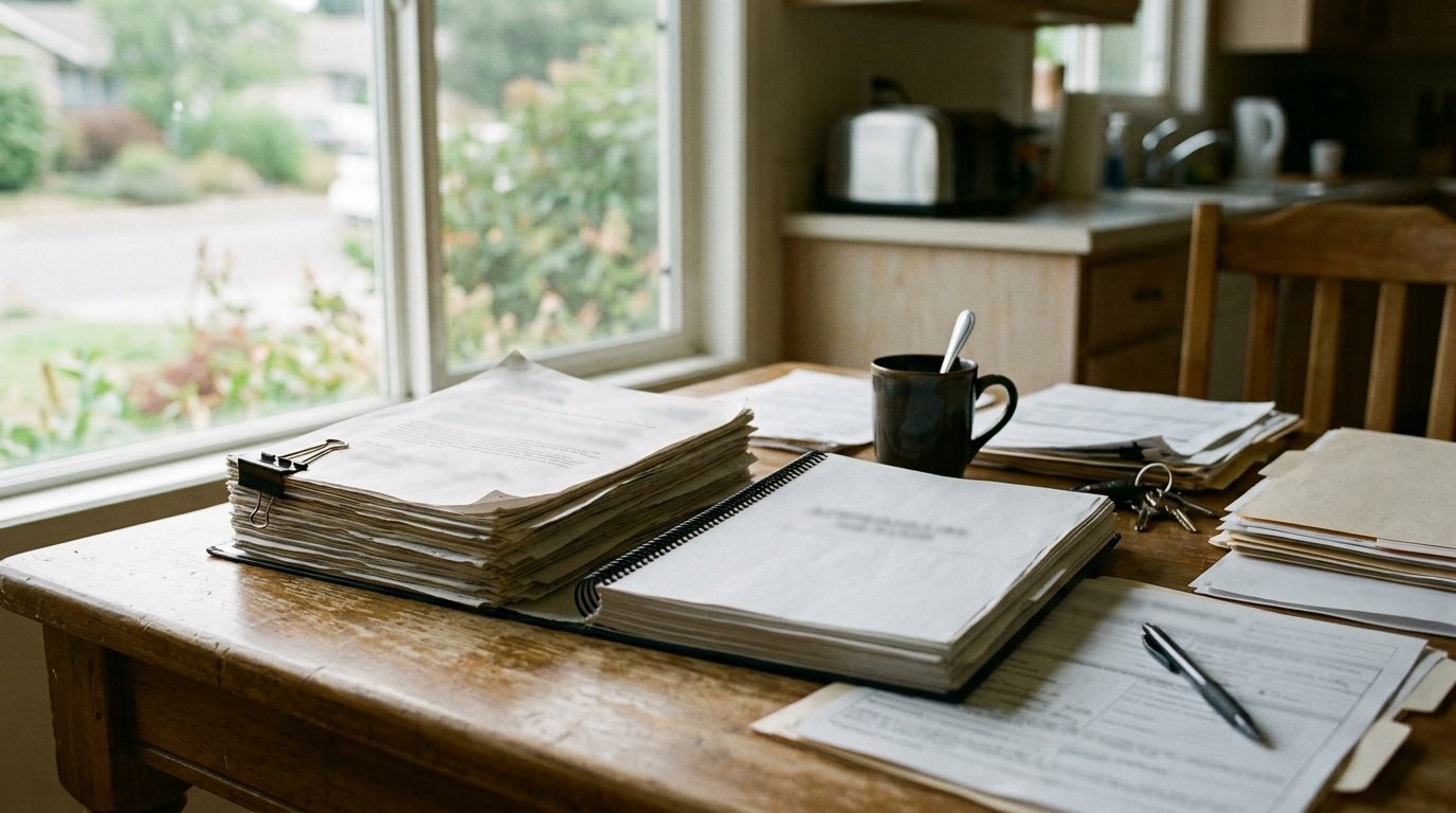 Mortgage underwriting documents and paperwork spread on a kitchen table