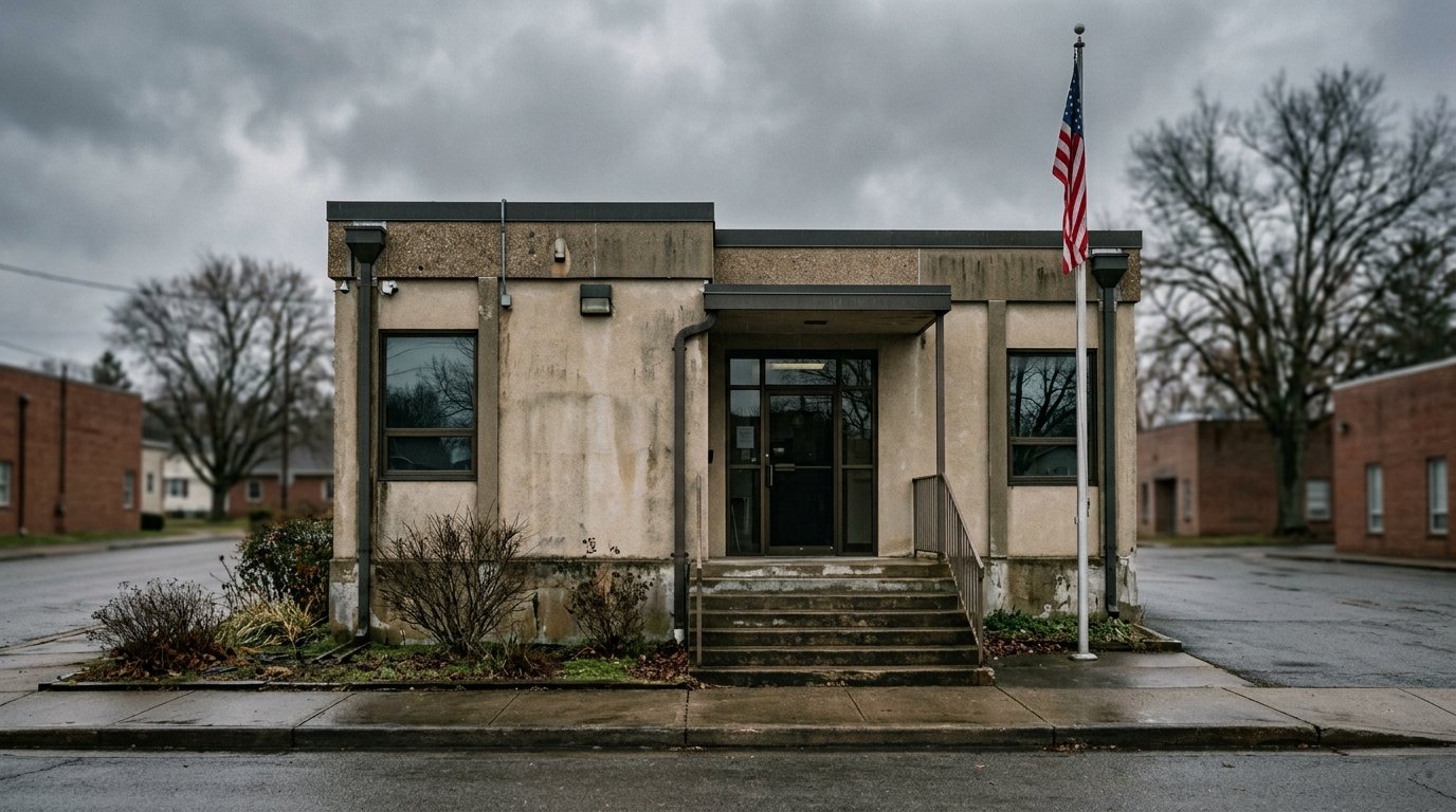 The exterior of a small county building and safety department on a grey overcast morning