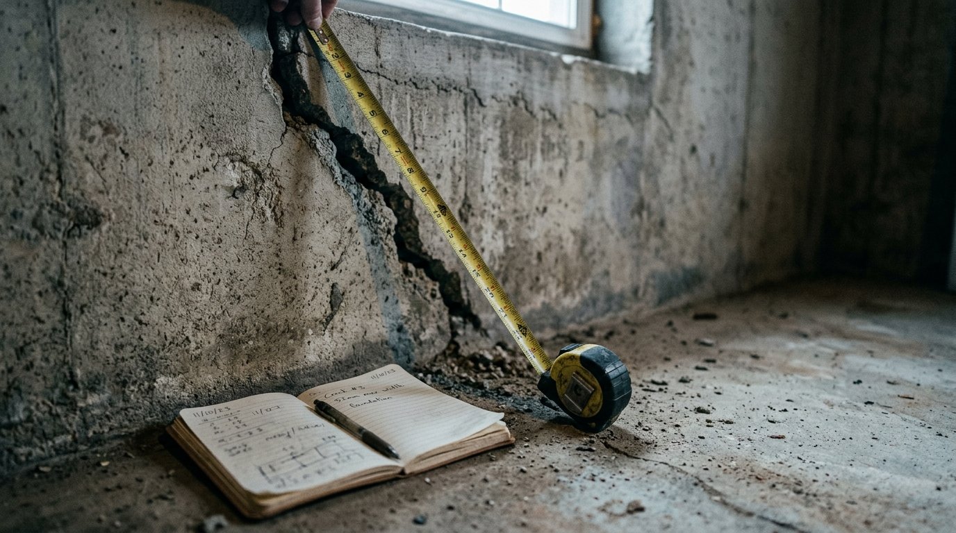 A measuring tape stretched along a crack in a concrete foundation wall with an open notebook on the floor