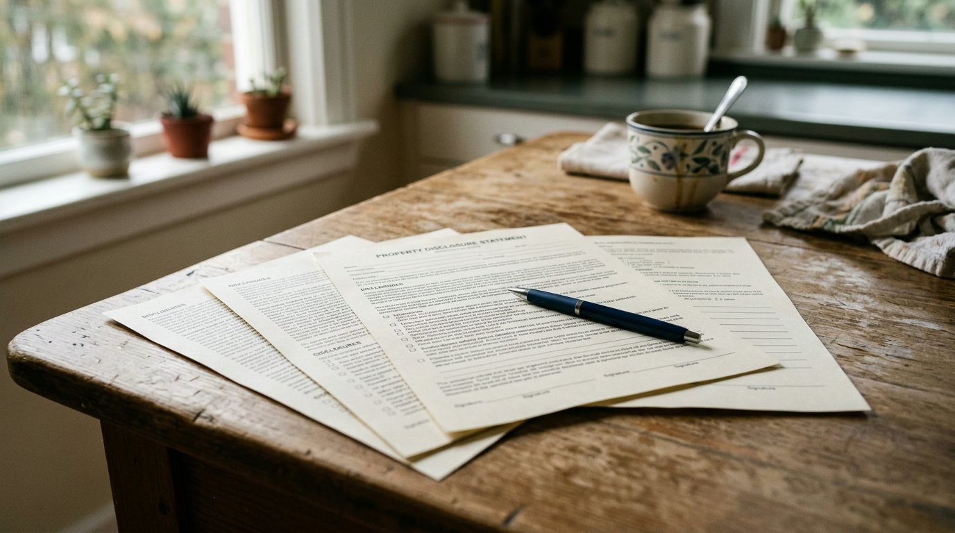 A property disclosure form and pen on a kitchen table in morning window light