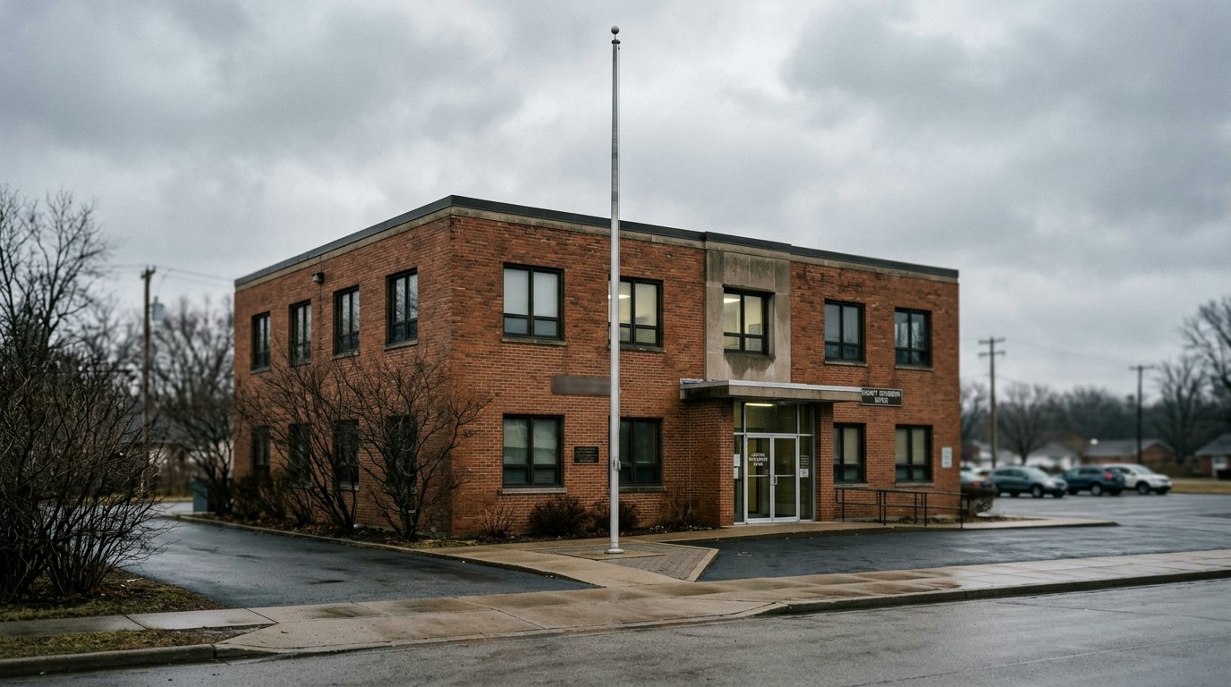 Exterior of a county recorders office brick building on an overcast morning